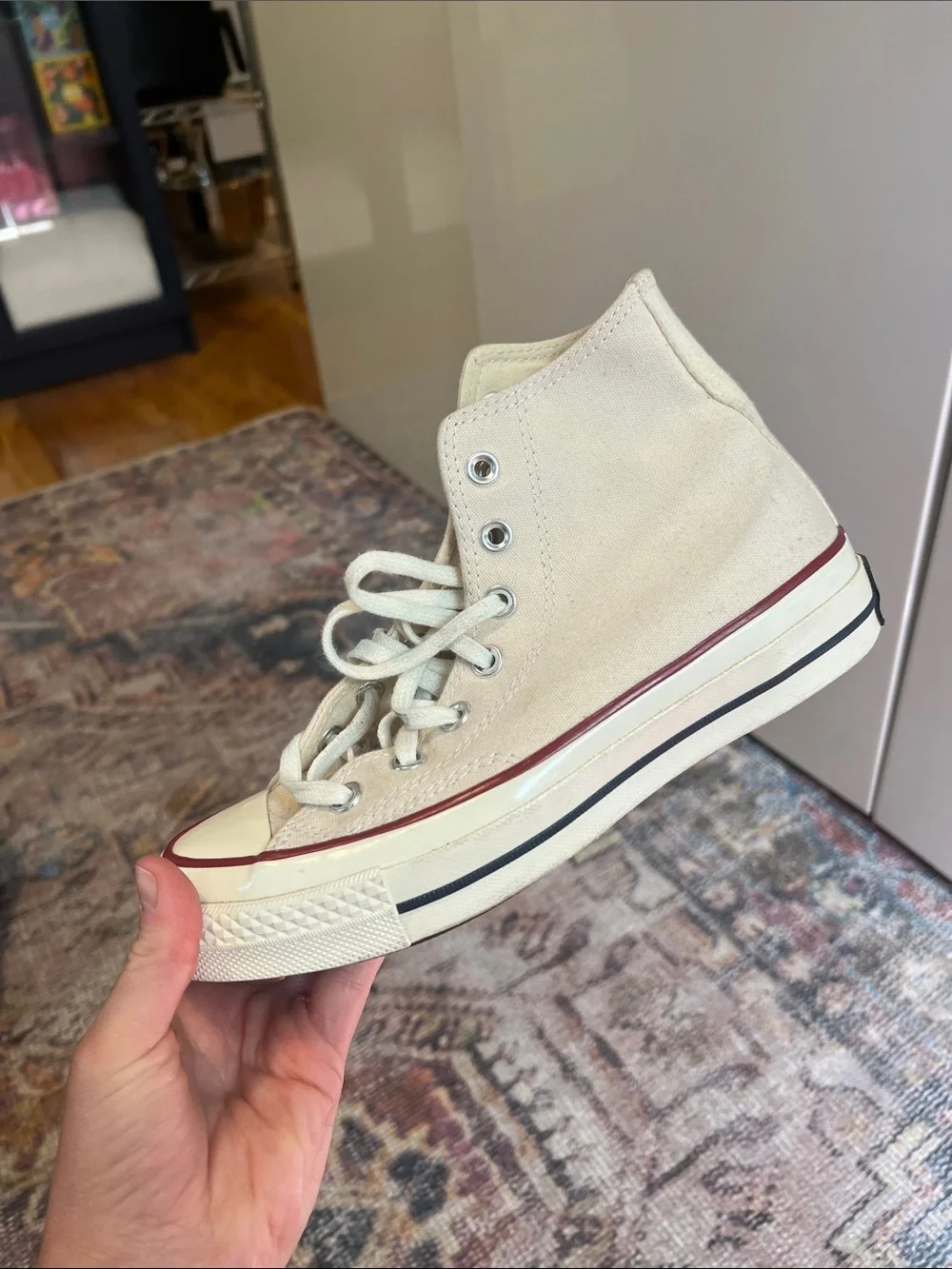 Converse High-Top Sneakers in Cream with Burgundy Stripe